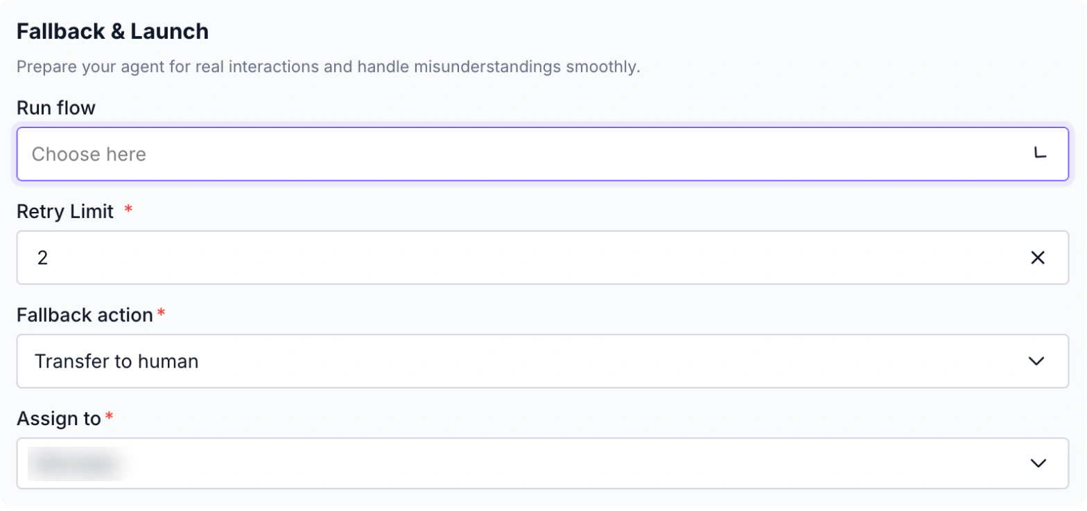 WABB AI Agent Fallback and Launch step with retry limit, Transfer to human and Assign to