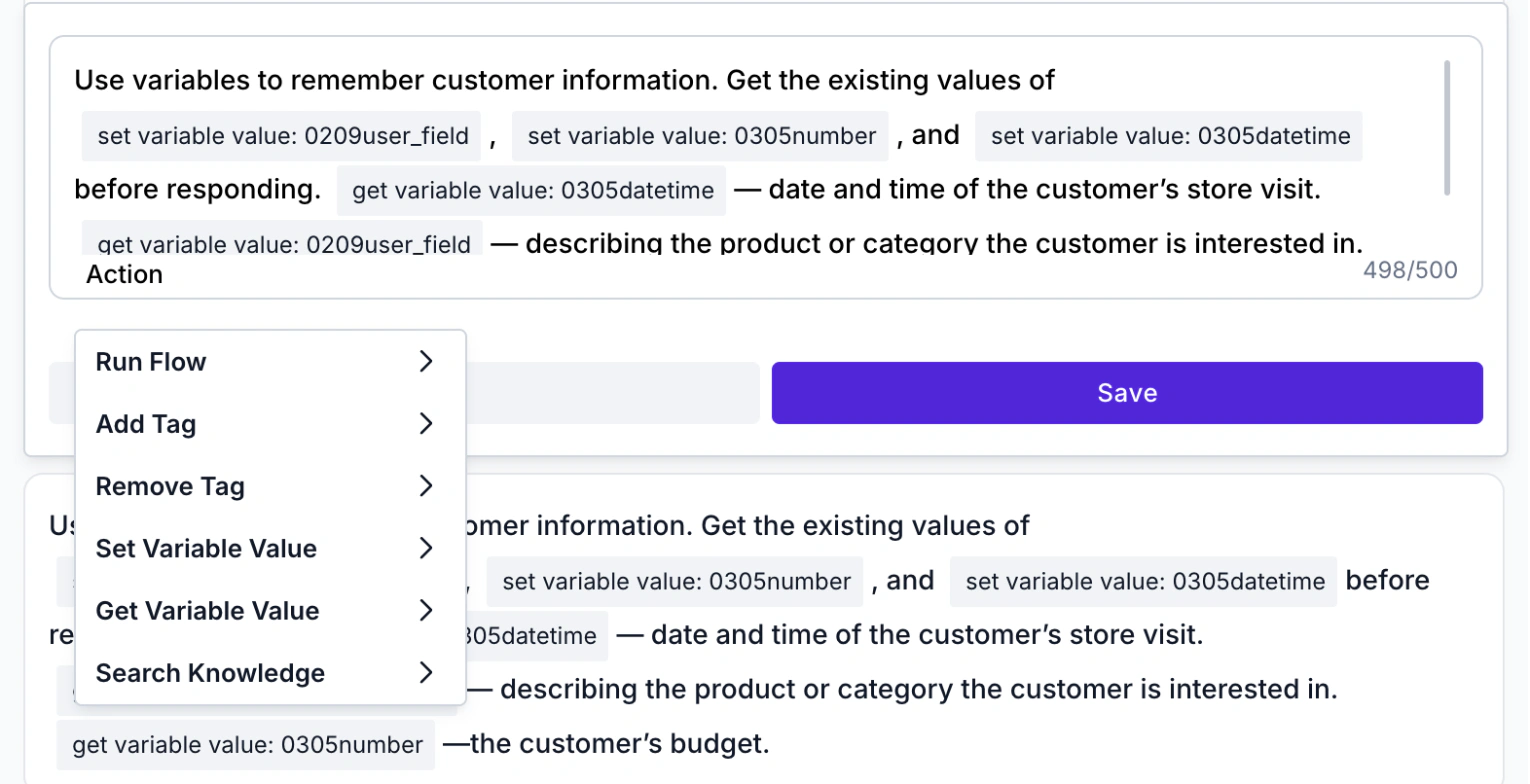 WABB AI Agent instruction editor with the Action menu: Run Flow, Add Tag, Remove Tag, Set Variable Value, Get Variable Value, Search Knowledge