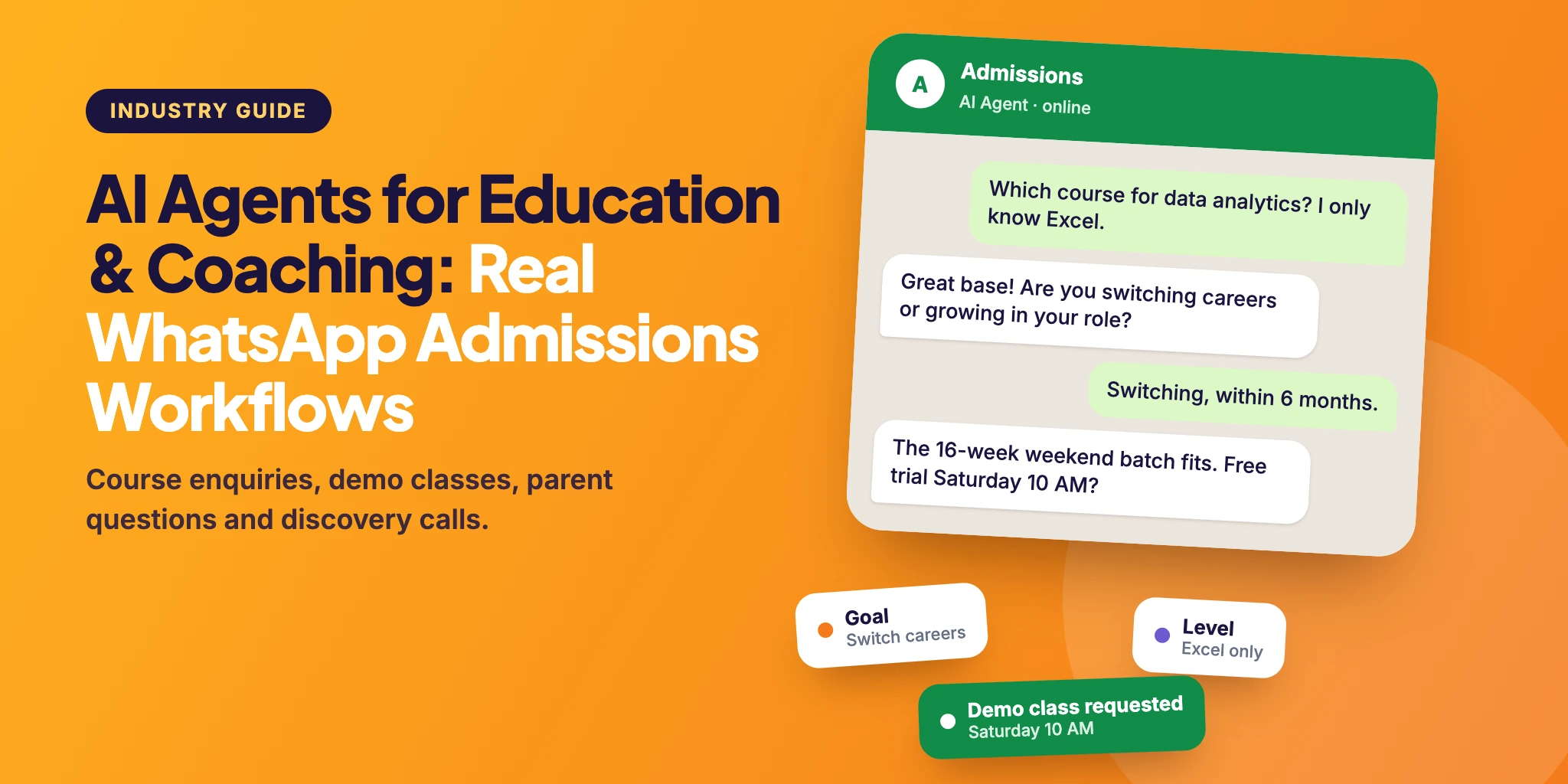 AI Agents for Education and Coaching: a WhatsApp admissions conversation that recommends a course and books a demo class