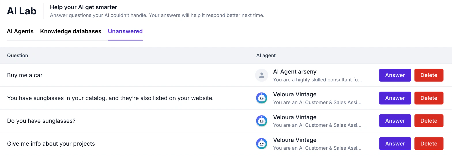 WABB AI Lab Unanswered list with questions the agent could not answer