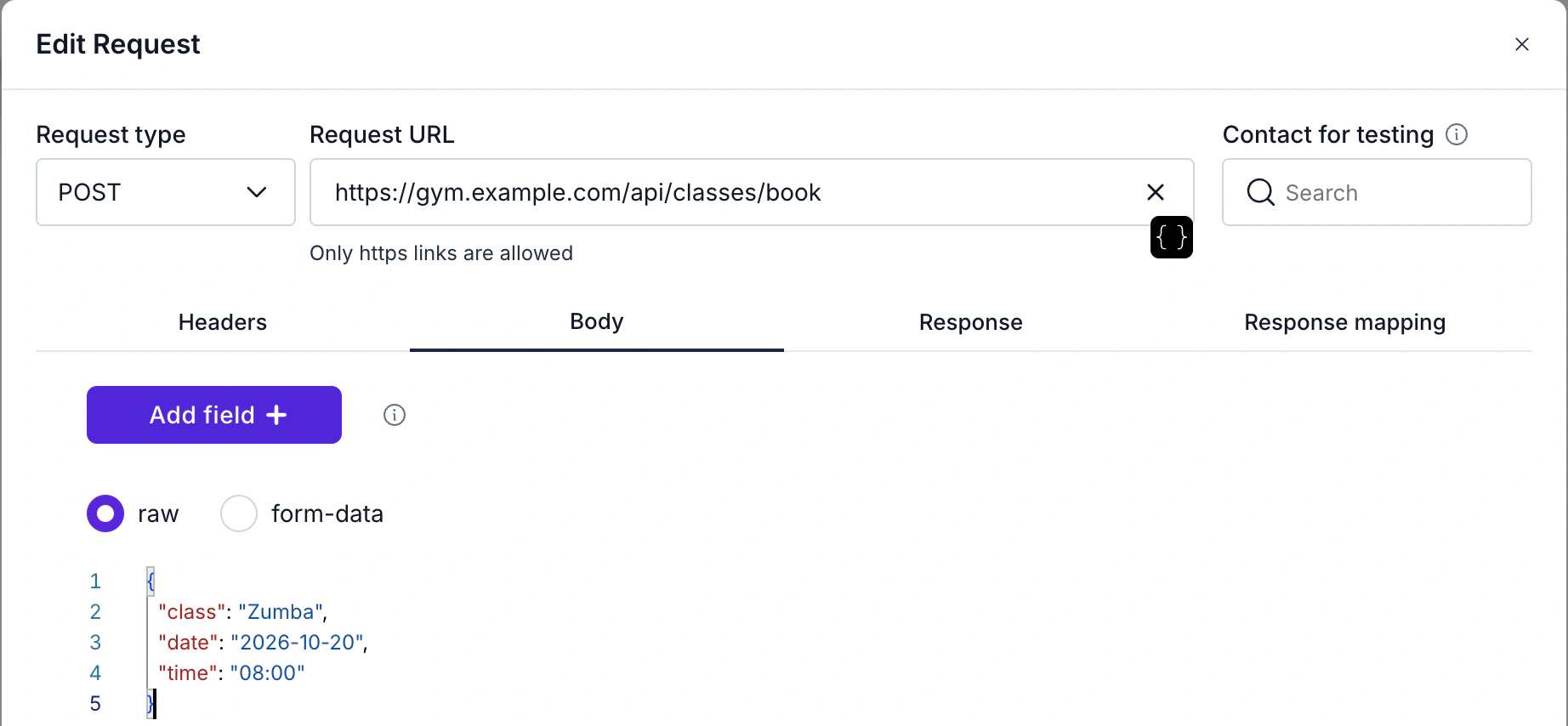 WABB External HTTP Request settings: request type POST, an https address and a JSON body with the class, date and time