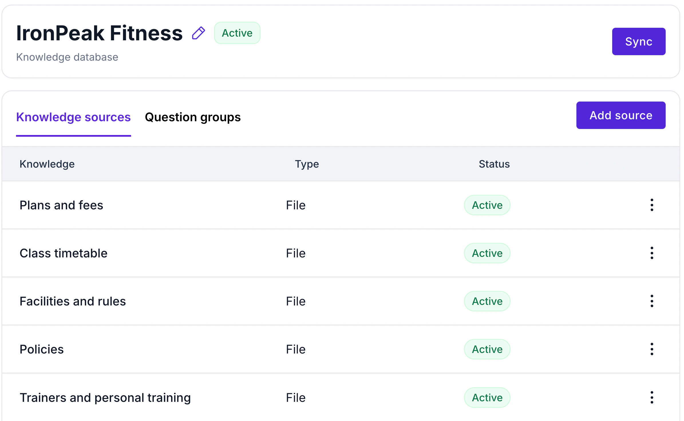 WABB AI Lab knowledge database with sources for a gym: plans and fees, class timetable, facilities, policies and trainers
