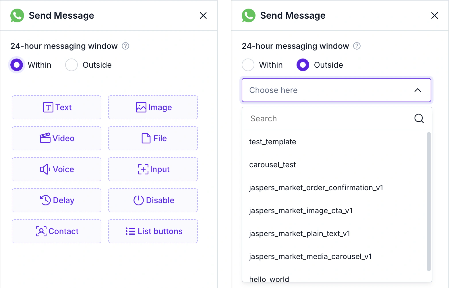 WABB flow Send Message block with the 24-hour messaging window switch: Within shows content blocks including Delay, Outside shows a template list