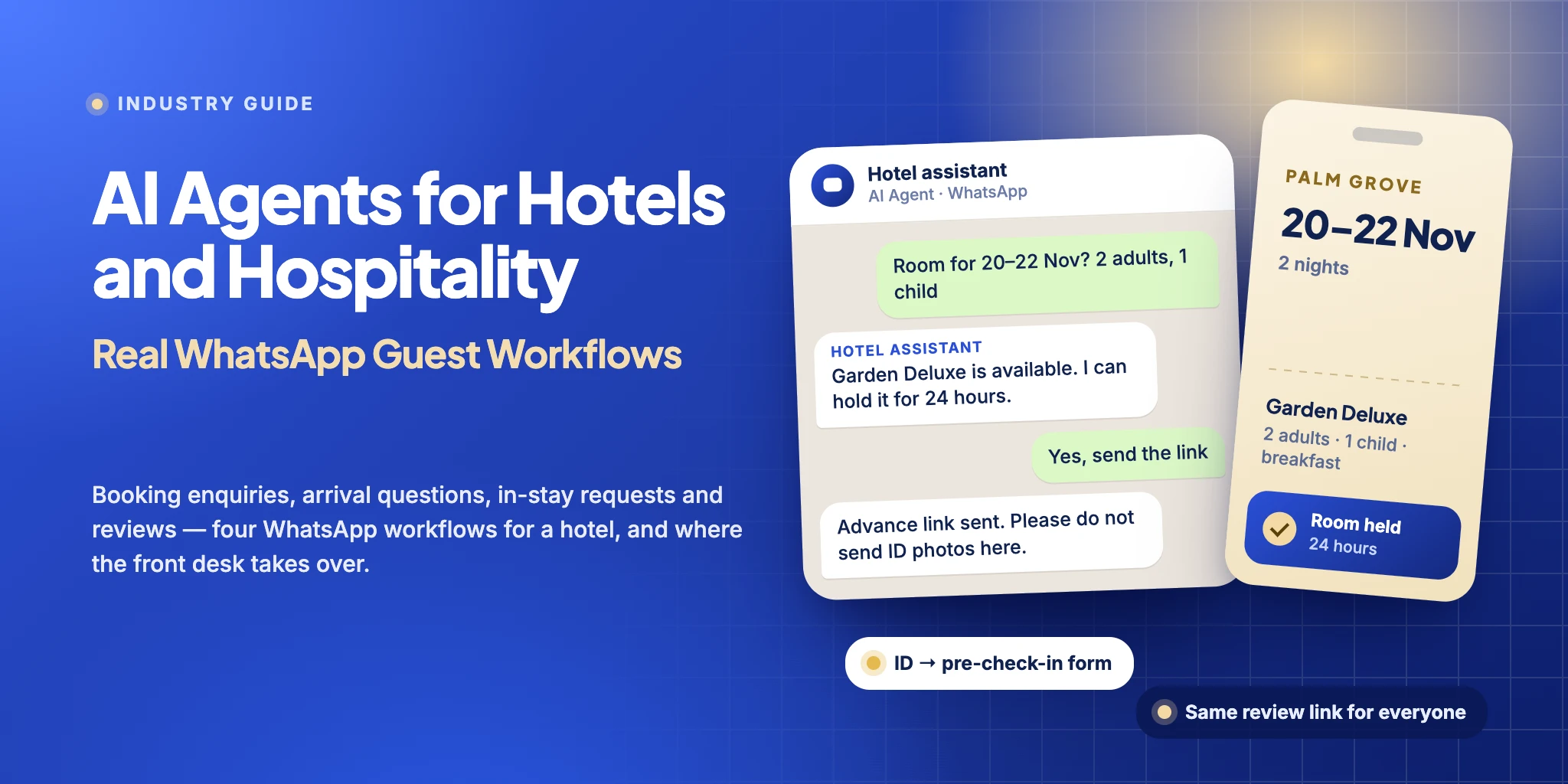 AI Agents for Hotels and Hospitality: a WhatsApp chat in which the resort assistant holds a garden room and sends a payment link