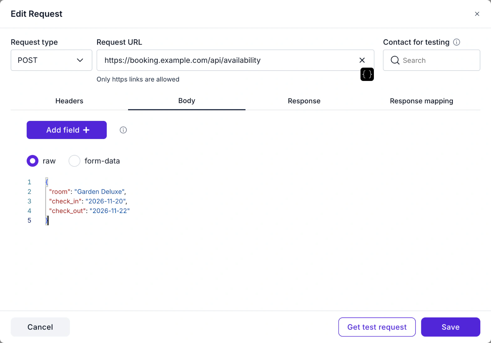 WABB External HTTP Request settings: request type POST, an https address and a JSON body with the room, check-in and check-out dates
