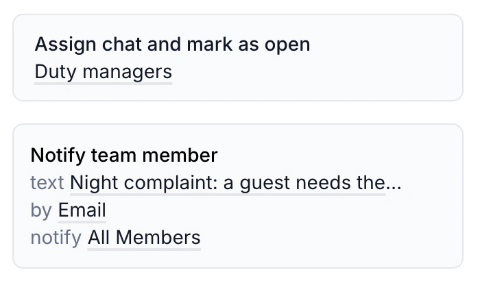 WABB Action block with an Assign chat and mark as open action set to a Duty managers group and a Notify team member action that sends a text by email to all members