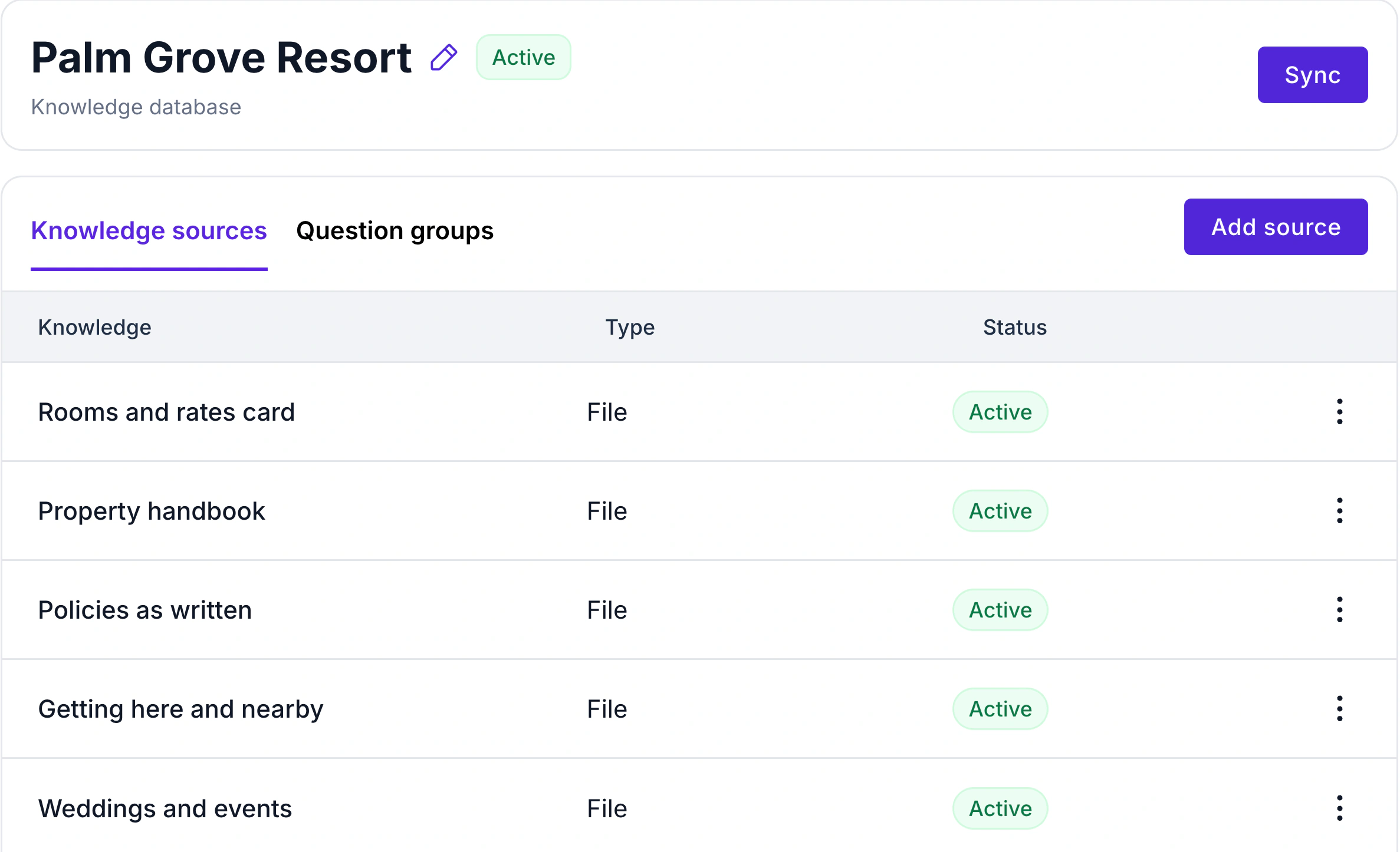 WABB AI Lab knowledge database with sources for a resort: rooms and rates, property handbook, policies and a local guide