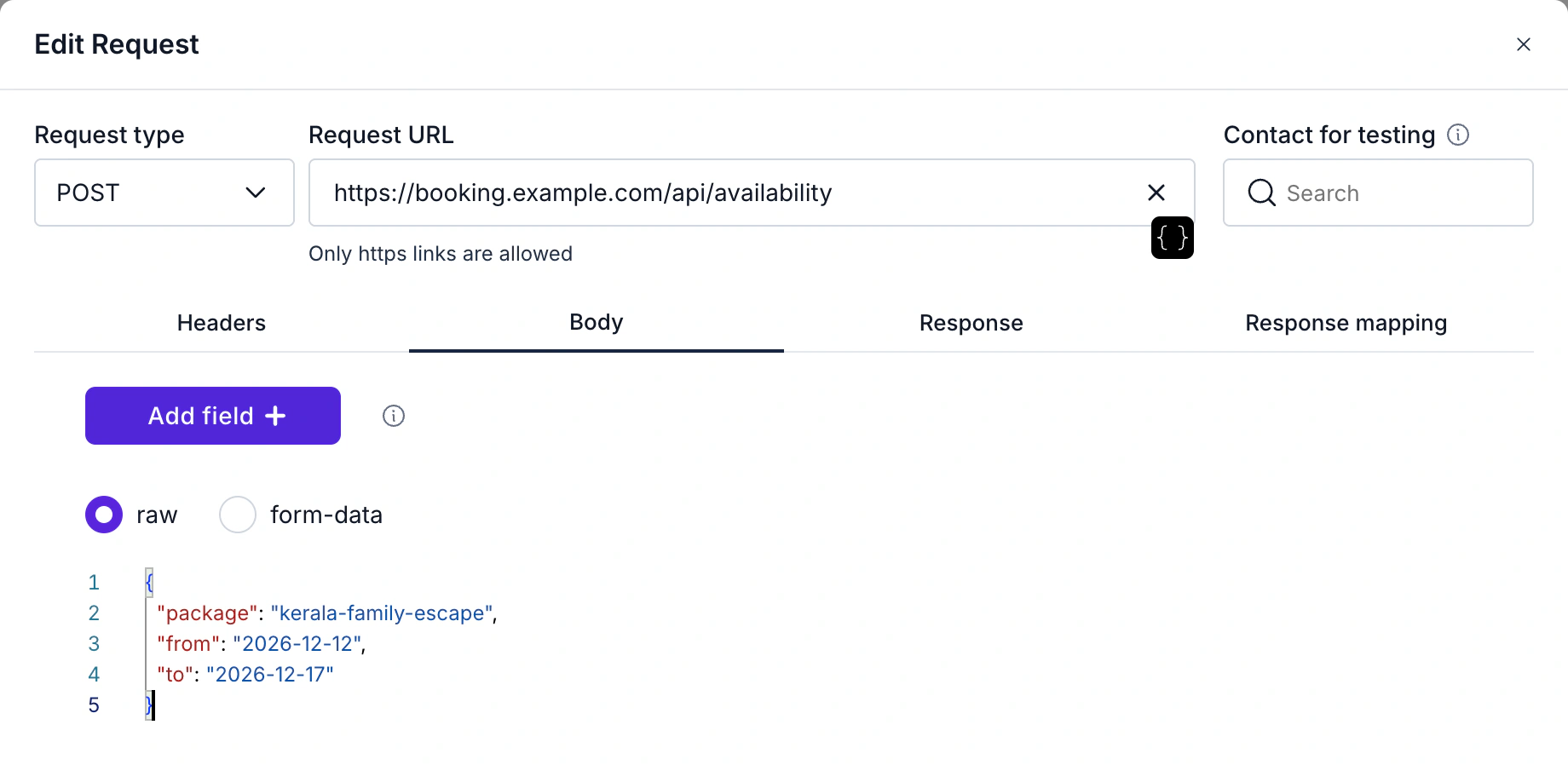 WABB External HTTP Request settings: request type POST, an https address and a JSON body with the package, dates and travellers
