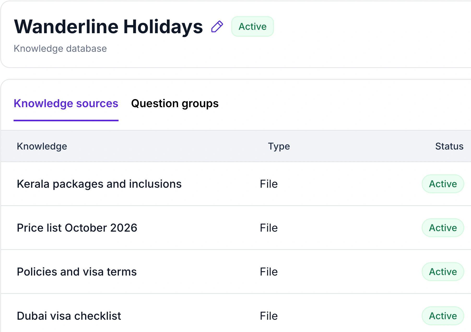 WABB AI Lab knowledge database with sources for a travel agency: packages, price list, policies and visa checklists