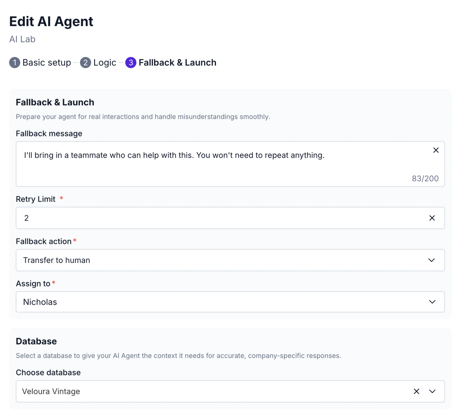 WABB Create AI Agent, Fallback and Launch stage with fallback message, retry limit 2, fallback action Transfer to human, assigned team member and the knowledge database