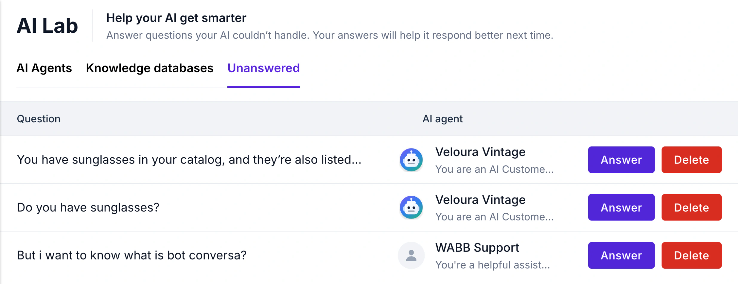 WABB AI Lab Unanswered tab listing customer questions the AI agent could not answer, each with the agent name and Answer and Delete buttons