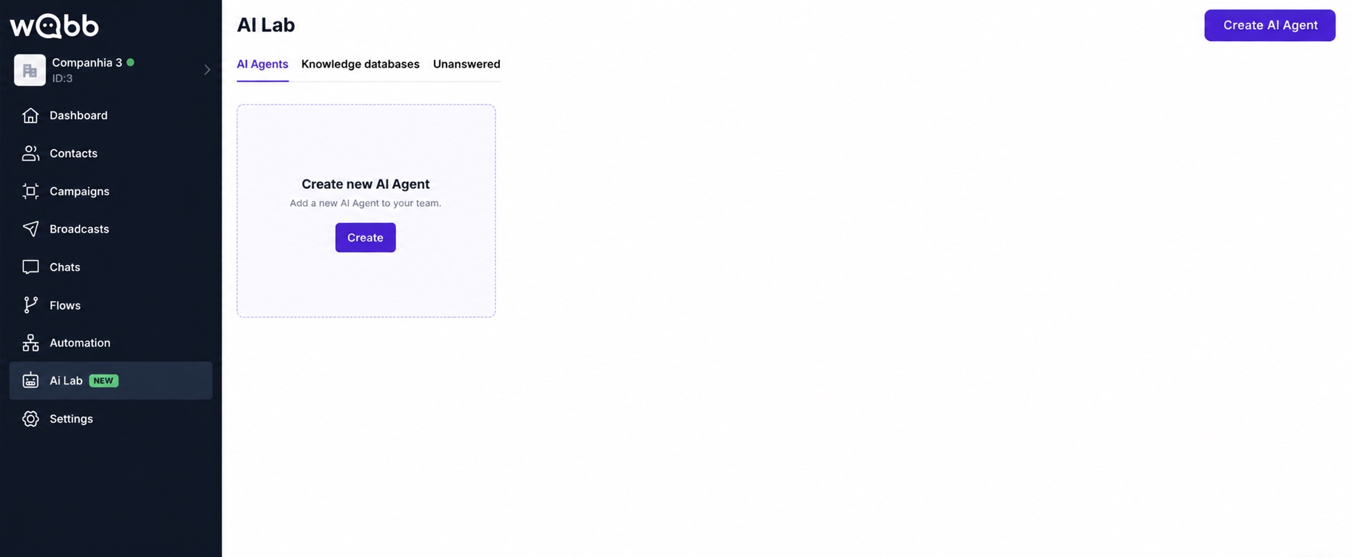 WABB AI Lab with Create AI Agent button and new agent card