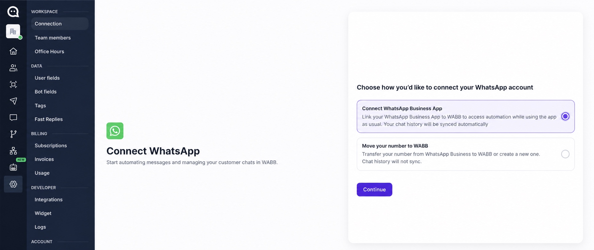 WABB Connection page with options to connect WhatsApp Business App or move a number to WABB