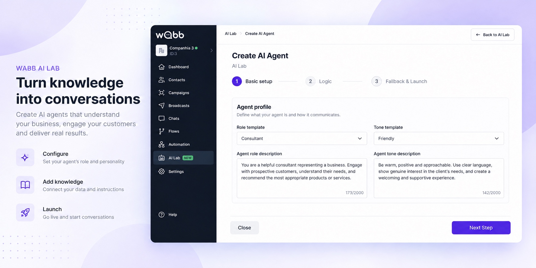 WABB AI Lab workspace for configuring a WhatsApp AI Agent
