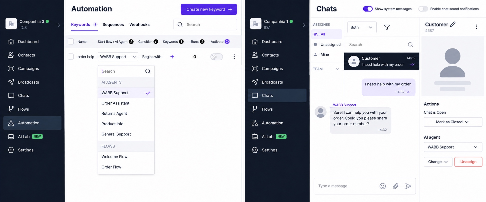 WABB Automation Keywords starts an AI Agent and Chats assigns a conversation to an AI Agent