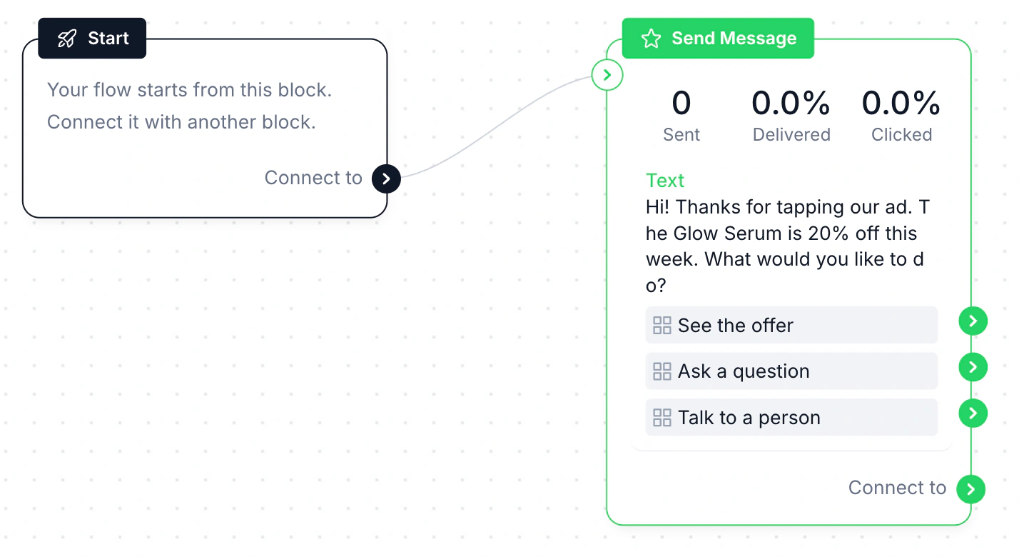 WABB flow builder with a Start block and a Send Message block containing a greeting and three reply buttons