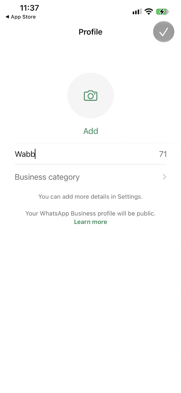 WhatsApp Business Profile screen with photo, business name and Business category