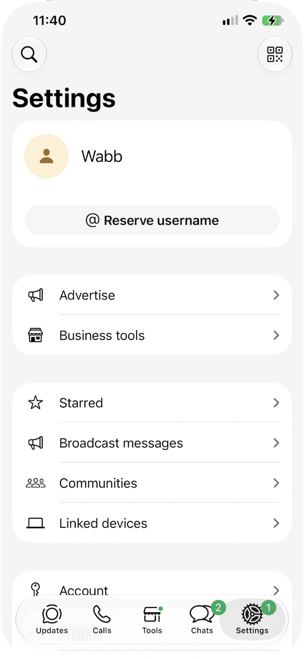 WhatsApp Business Settings with the business name, Reserve username and Business tools