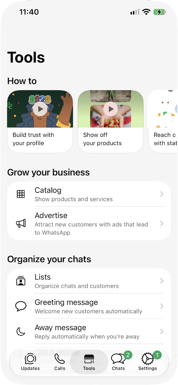 WhatsApp Business Tools tab with Catalog, Advertise, Lists, Greeting message and Away message
