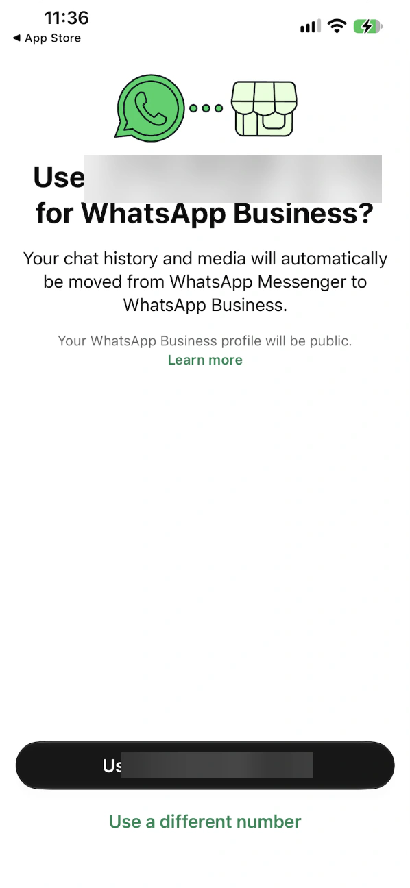 Use number for WhatsApp Business screen offering to move chat history and media from WhatsApp Messenger