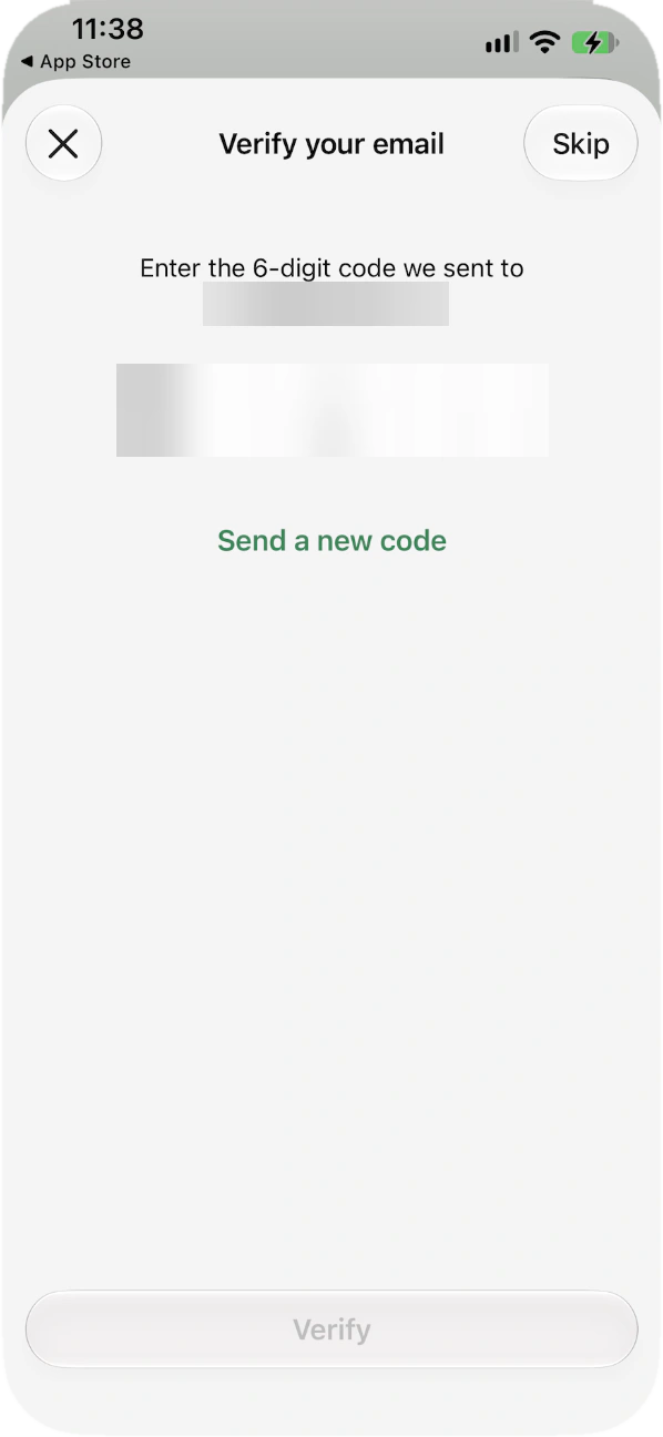 Verify your email screen with six empty code cells