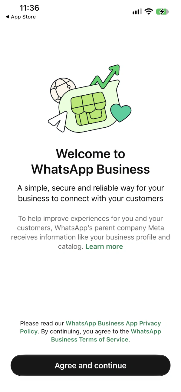 Welcome to WhatsApp Business screen with the Agree and continue button