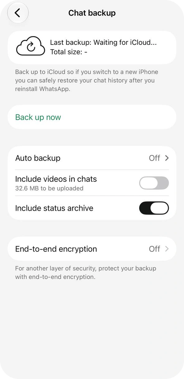 WhatsApp Business app on iPhone, Chat backup screen with the row End-to-end encryption set to Off