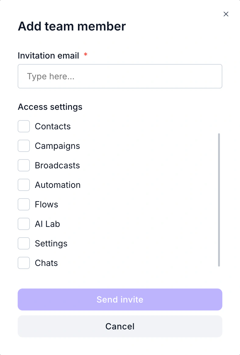 WABB Add team member dialog with an Invitation email field, an Access settings list with Contacts, Campaigns, Broadcasts, Automation, Flows, AI Lab, Settings and Chats all unticked, and a disabled Send invite button