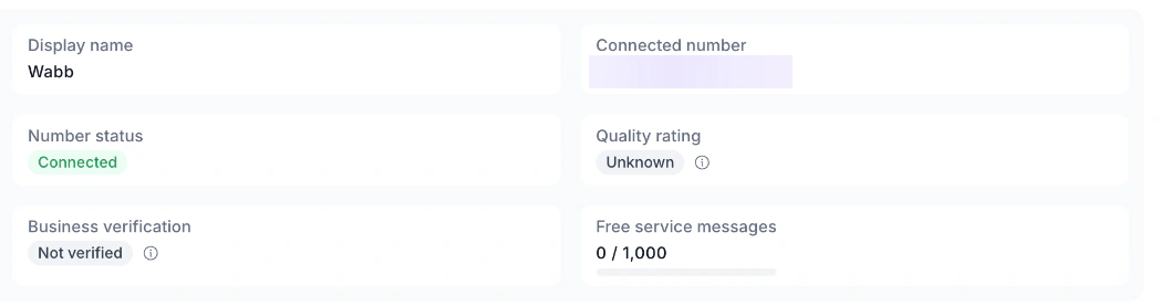 WABB Connection page showing the display name, a connected number with its digits blurred, Number status Connected, Quality rating Unknown, Business verification Not verified and Free service messages 0 of 1,000