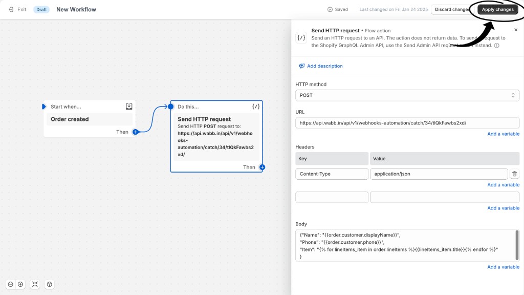 Shopify Flow Send HTTP request action with Apply changes highlighted