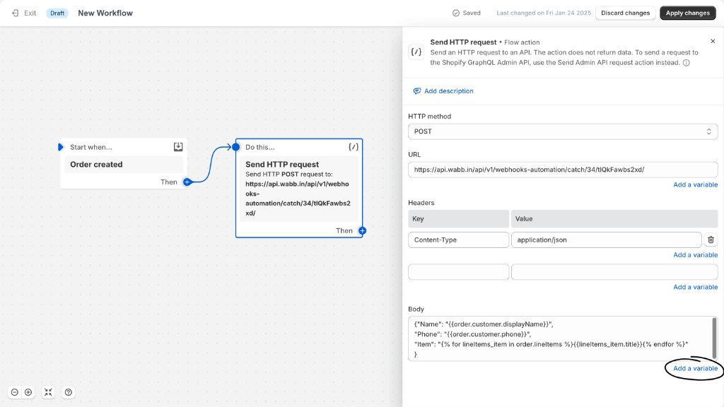 Shopify Flow Send HTTP request action with POST, WABB webhook URL, JSON headers, body variables, and Add a variable highlighted