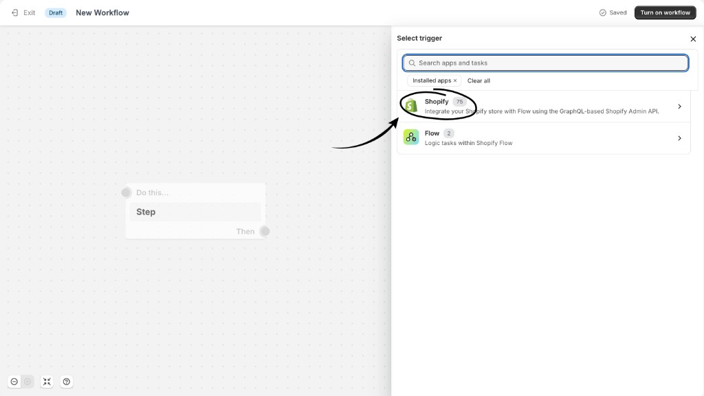 Shopify Flow Select trigger panel with Shopify chosen