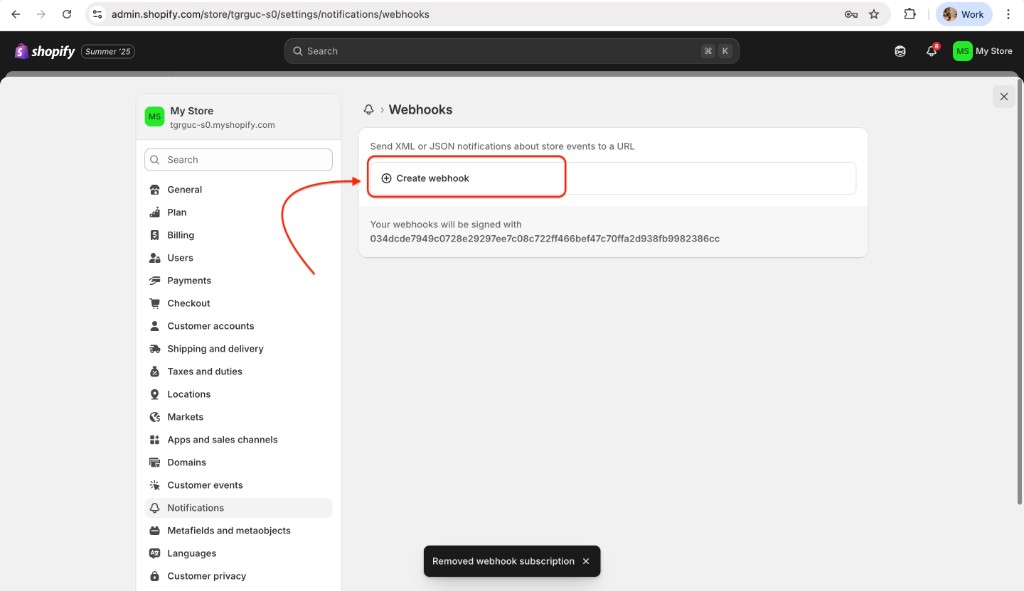 Shopify Webhooks page with Create webhook highlighted