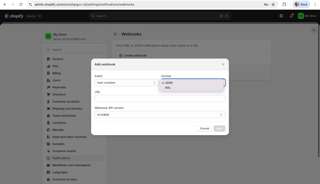 Shopify Add webhook dialog with Format set to JSON