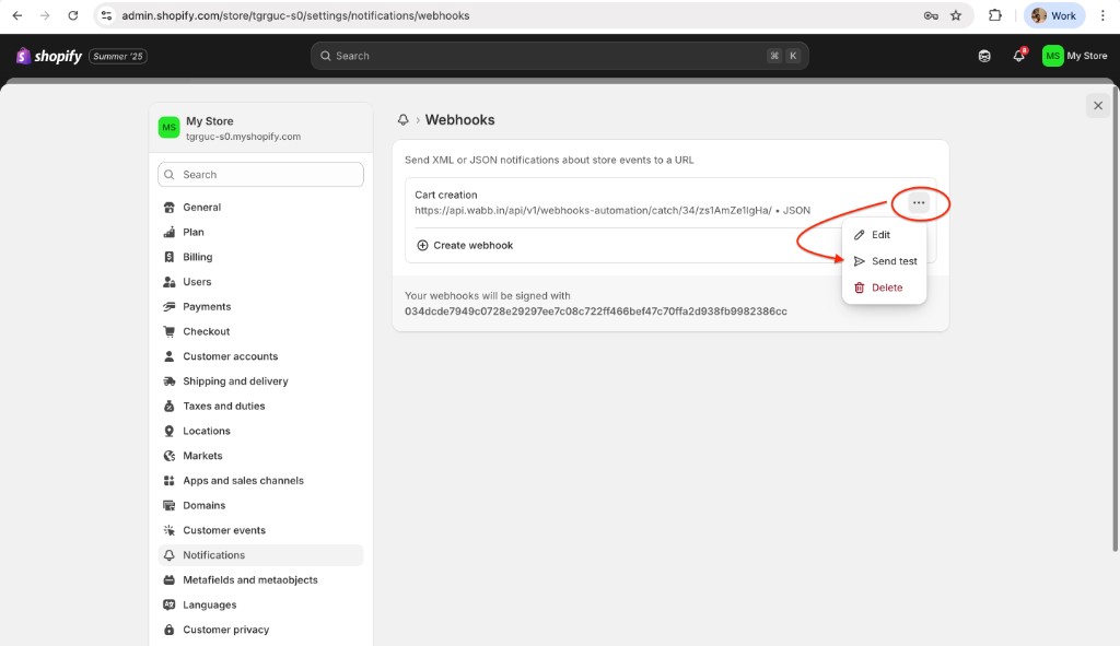 Shopify webhook menu with Send test highlighted