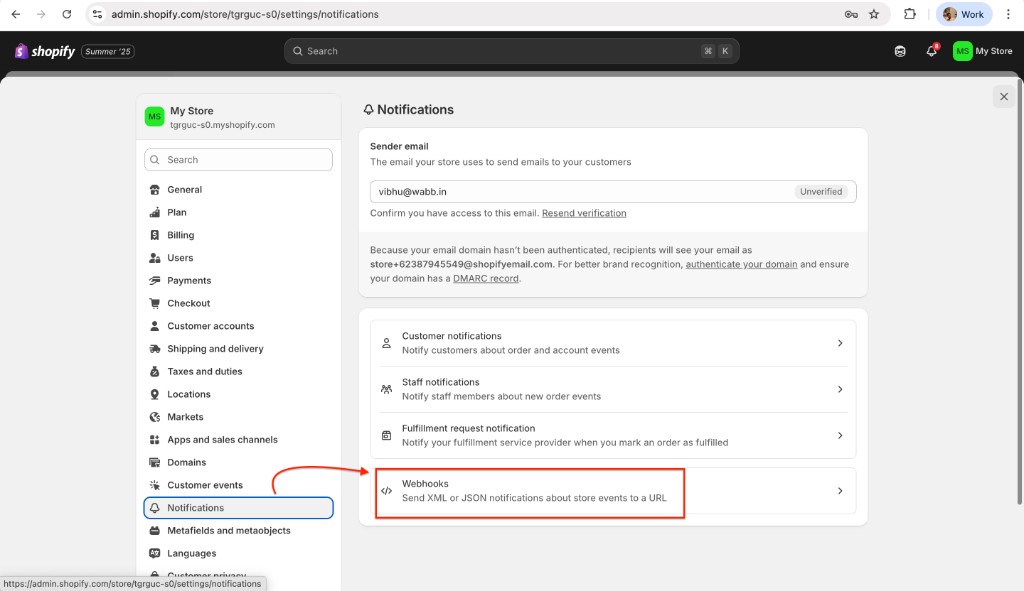 Shopify Settings Notifications page with Webhooks highlighted