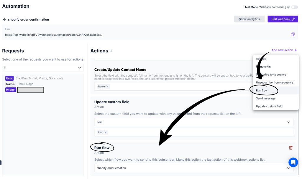 WABB webhook actions with Run flow selected and mapped to a Shopify order creation flow