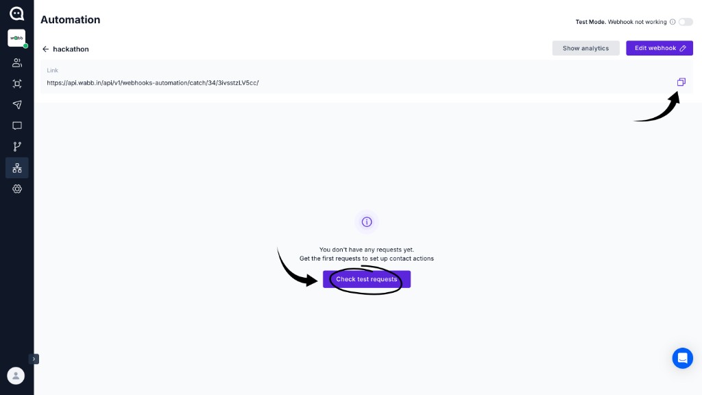 WABB Automation webhook screen with the webhook URL copy button and Check test requests highlighted