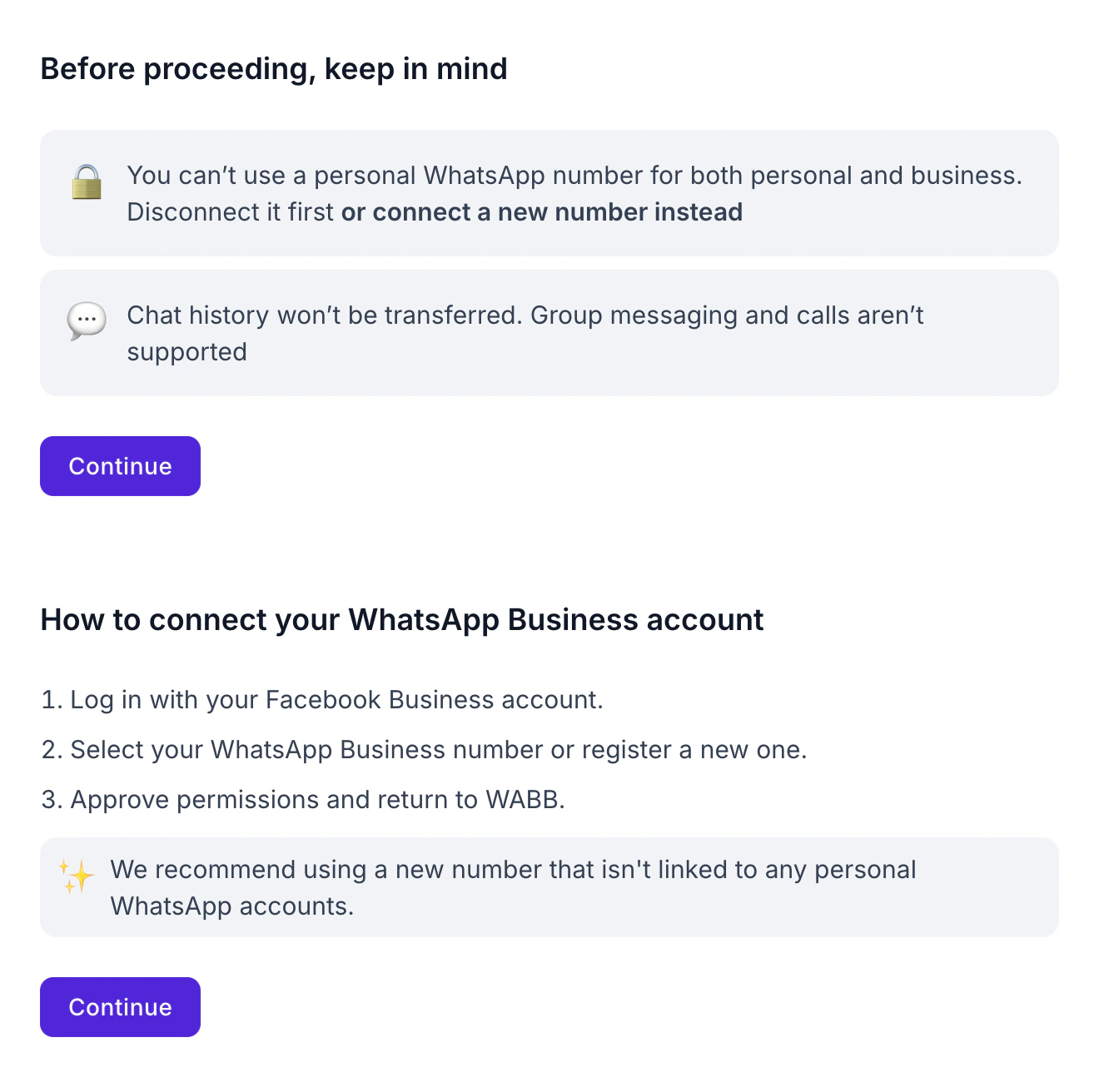 WABB Move your number screens: Before proceeding keep in mind with two notes, and How to connect your WhatsApp Business account with three steps
