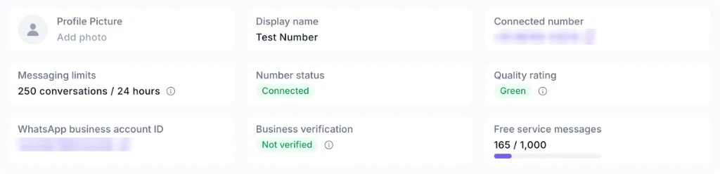 WABB Connection page showing connected number, display name, messaging limit of 250 conversations per 24 hours, number status Connected, quality rating Green, business verification Not verified and free service messages