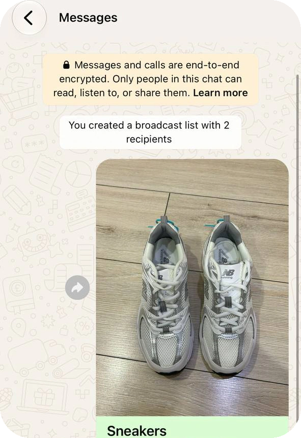 The chat of a broadcast list showing You created a broadcast list with 2 recipients and a catalog item sent to the list
