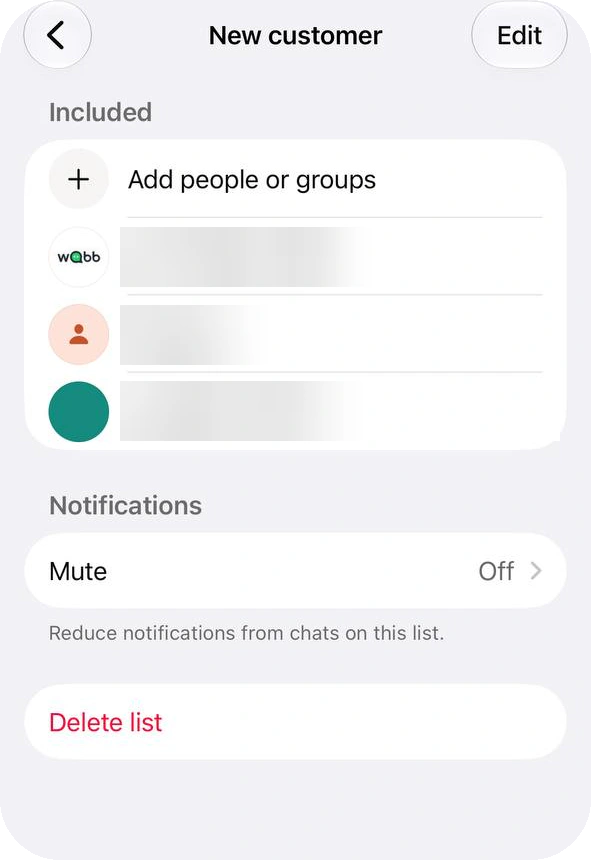 A list screen titled New customer with an Included section, a Mute row and a Delete list button, and no option to send a message