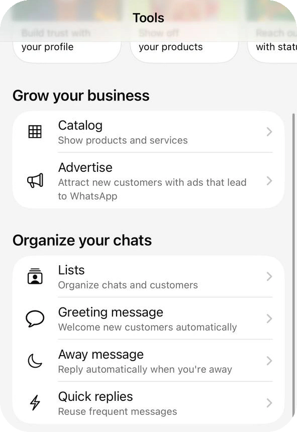 WhatsApp Business Tools tab on an iPhone with Catalog and Advertise under Grow your business, and Lists, Greeting message, Away message and Quick replies under Organize your chats, and no broadcast entry