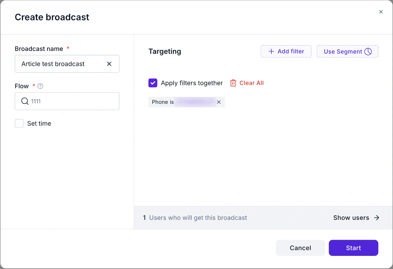 WABB Create broadcast window with a Broadcast name, the flow 1111, a Phone filter with the number blurred, and a count of 1 user who will get the broadcast