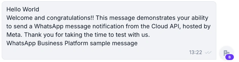 A WABB chat message with the hello_world sample text and two grey ticks next to the time, meaning it was delivered