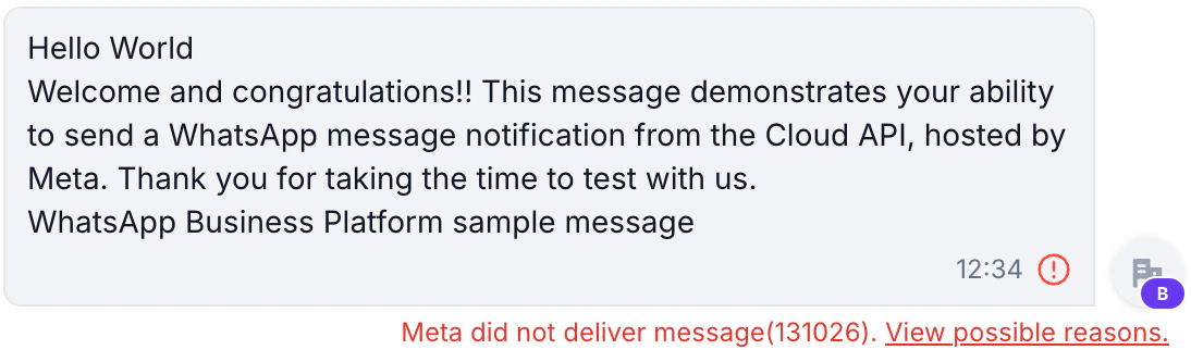 A WABB chat message with the hello_world sample text, a red warning icon, and the line Meta did not deliver message (131026) with a View possible reasons link