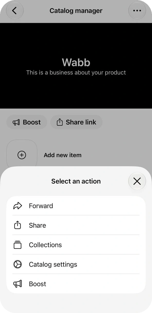 Select an action menu in the catalog manager with Forward, Share, Collections, Catalog settings and Boost