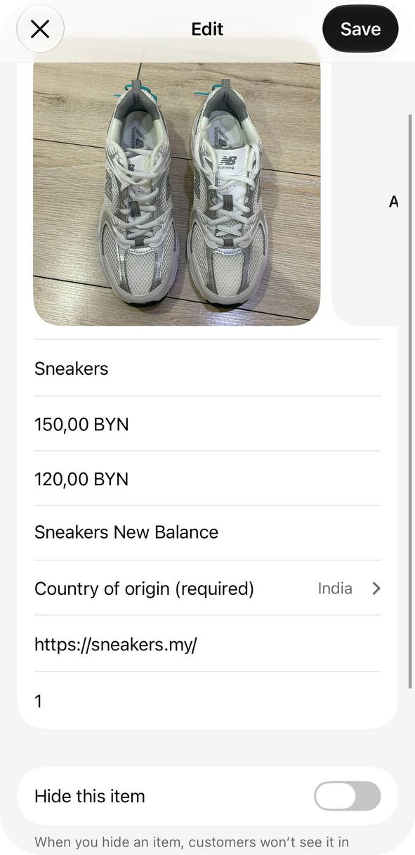 Edit screen for a catalog item with a photo, name, price, sale price, description, Country of origin, website link and item code