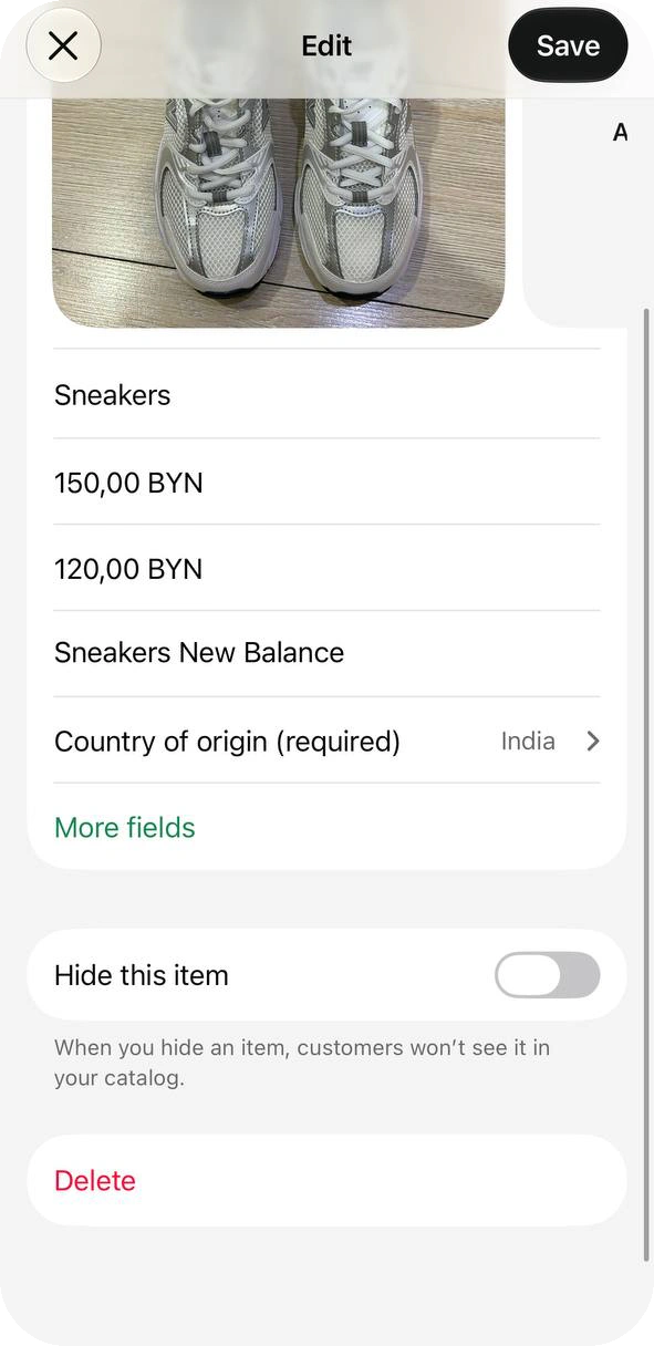 Edit screen scrolled down to the Hide this item switch, which is off, and a red Delete button