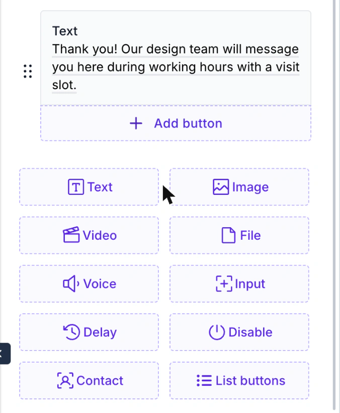 WABB Send Message block panel with a text and an Add button, and content buttons Text, Image, Video, File, Voice, Input, Delay, Disable, Contact and List buttons